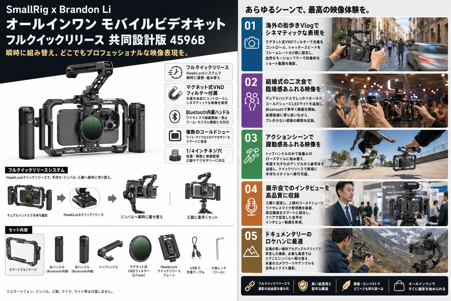 SmallRig x Brandon Li オールインワン モバイルビデオキット フルクイックリリース 共同設計版 4596B 用途
