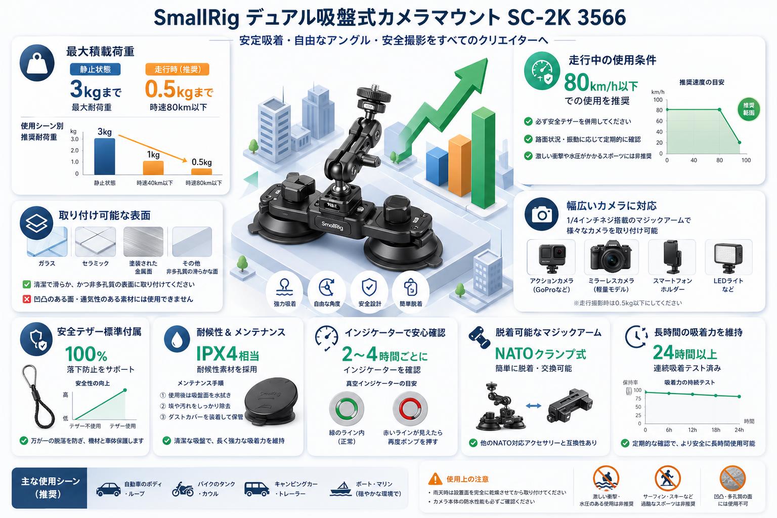 SmallRig デュアル吸盤式カメラマウント SC-2K 3566 FAQ（よくある質問と答え）