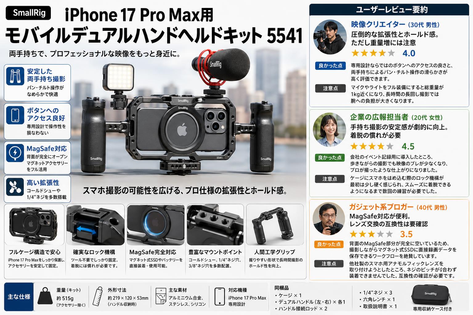SmallRig iPhone 17 Pro Max用モバイルデュアルハンドヘルドキット 5541 インターネット上のお客様の声（評判）