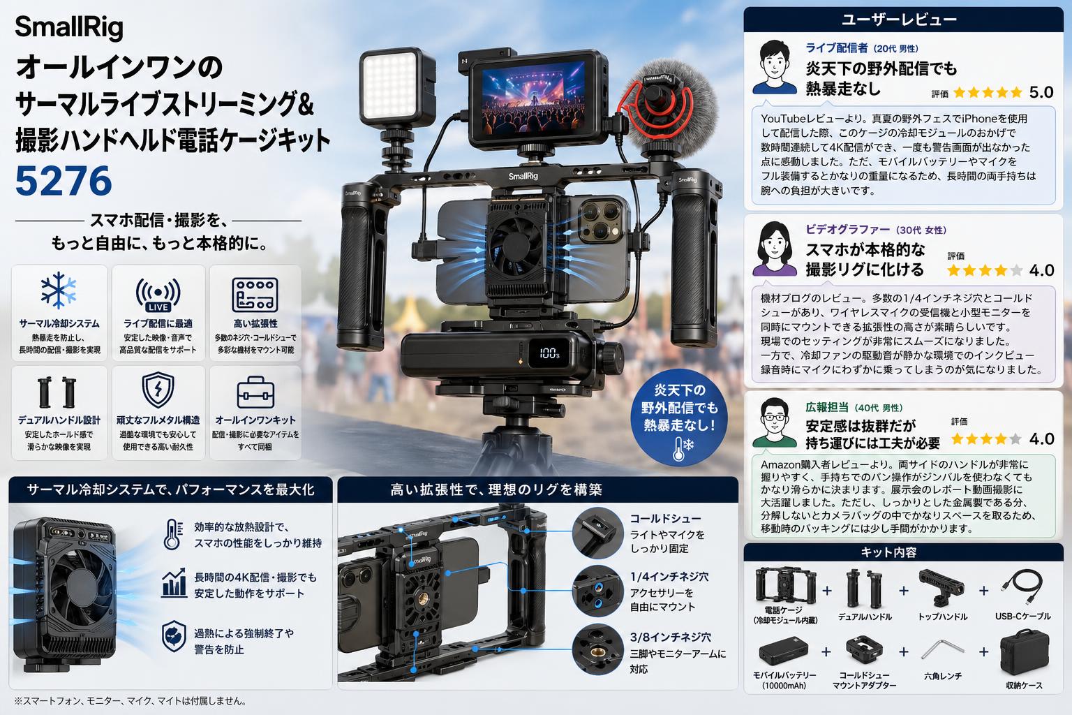 SmallRig オールインワンのサーマルライブストリーミング＆撮影ハンドヘルド電話ケージキット 5276 インターネット上のお客様の声（評判）