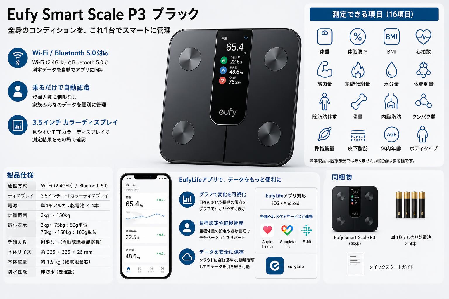Eufy Smart Scale P3 ブラック スペック