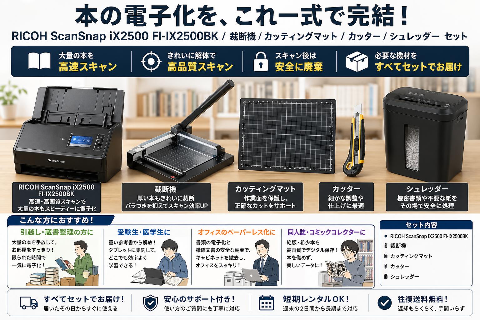 RICOH ScanSnap iX2500 FI-IX2500BK /  裁断機 / カッティングマット / カッター / シュレッダー セット おもな対象のお客様