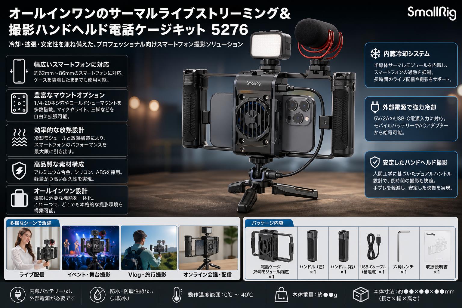 SmallRig オールインワンのサーマルライブストリーミング＆撮影ハンドヘルド電話ケージキット 5276 スペック