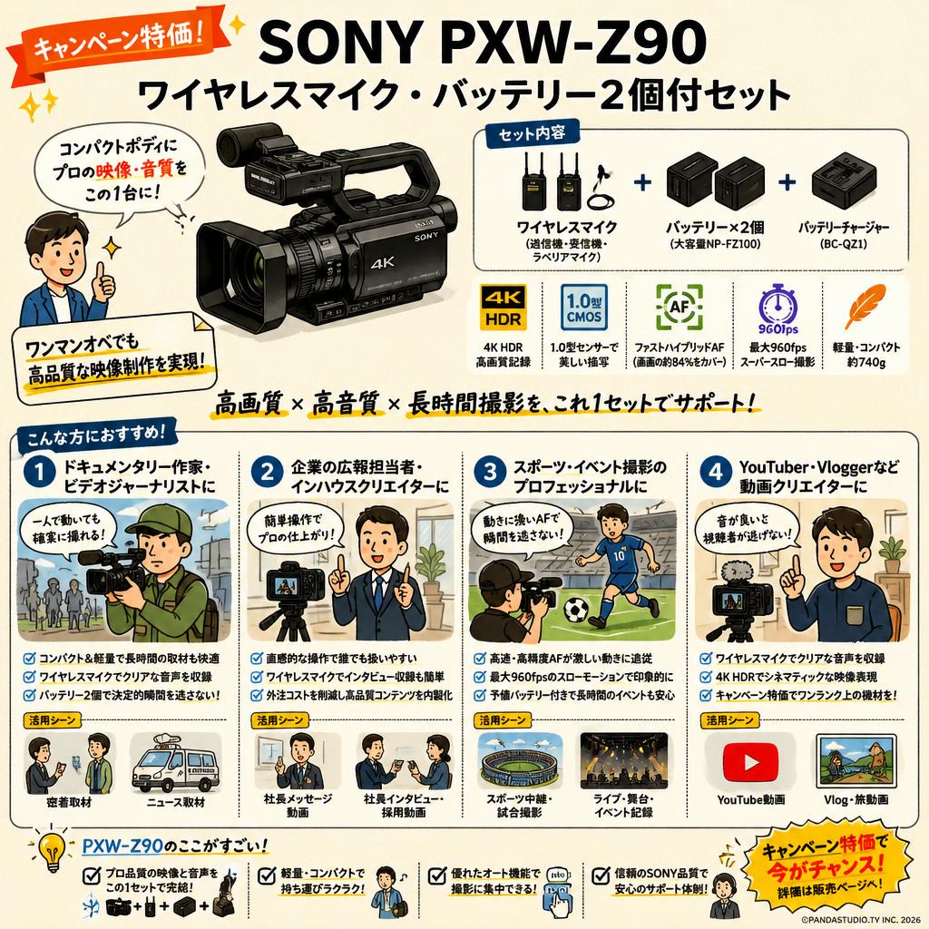 【キャンペーン特価】SONY PXW-Z90 ワイヤレスマイク・バッテリー2個付セット おもな対象のお客様