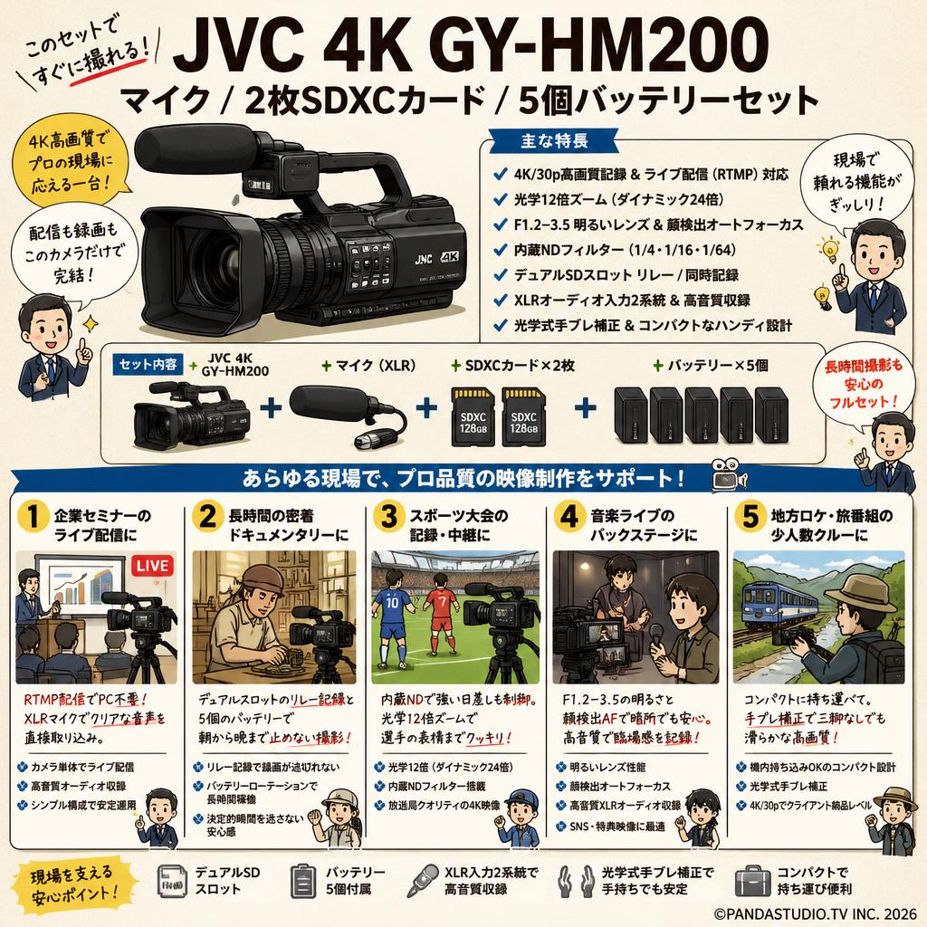JVC  4K GY-HM200 / マイク / 2枚SDXCカード / 5個バッテリーセット 用途