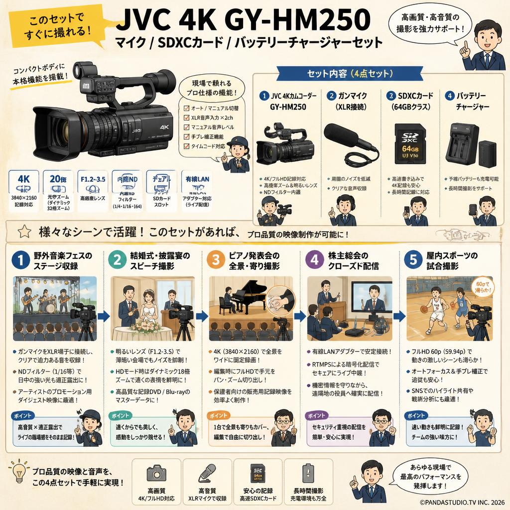 JVC 4K GY-HM250 / マイク / SDXCカード / バッテリーチャージャーセット 用途