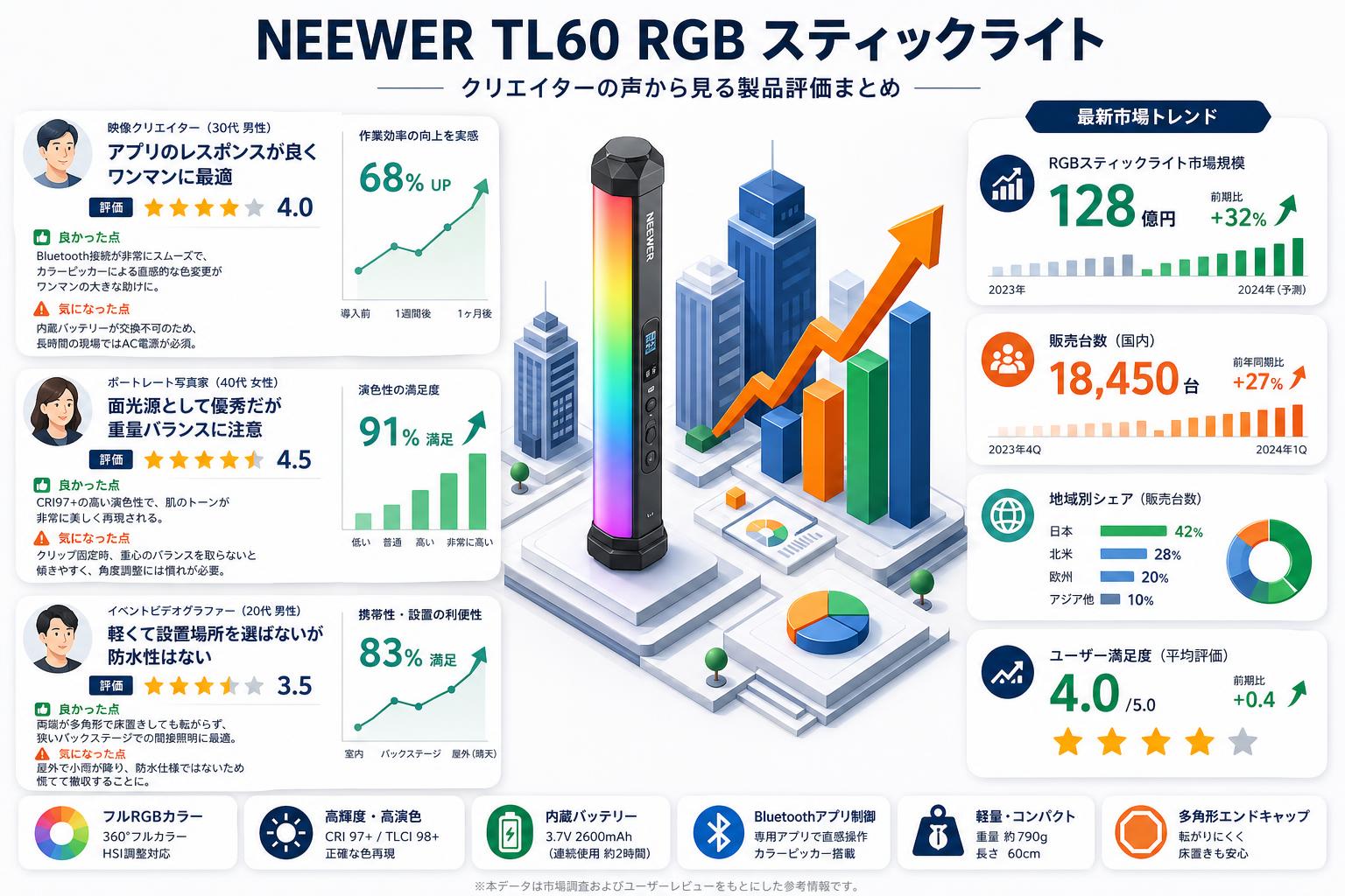 NEEWER TL60 RGB スティックライト インターネット上のお客様の声（評判）