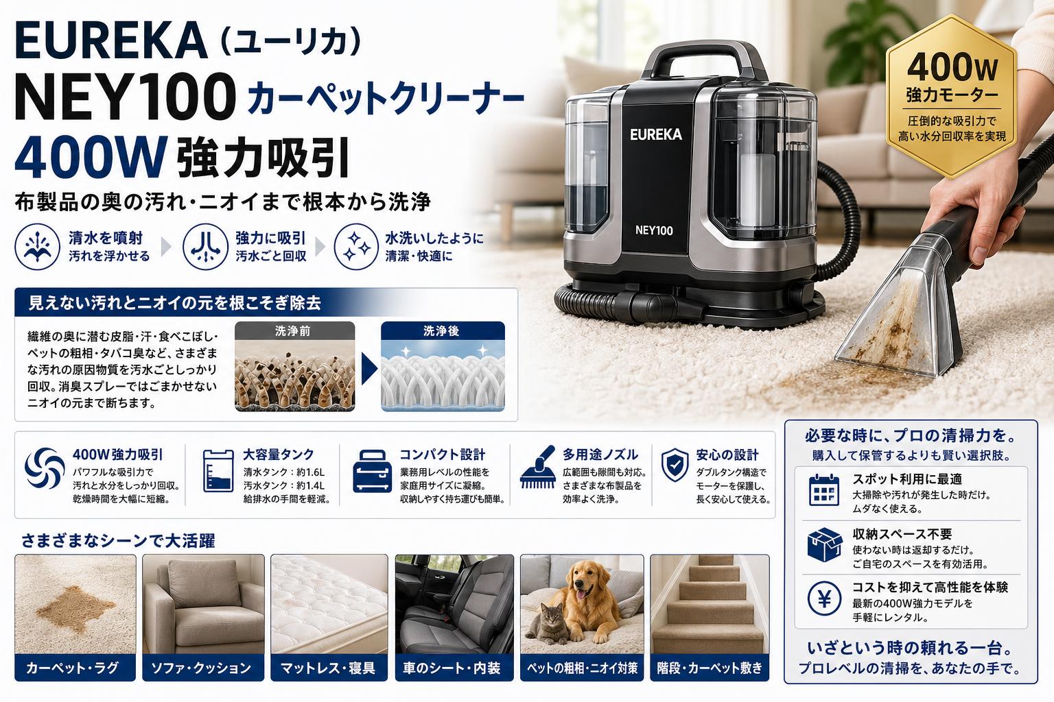 EUREKA（ユーリカ） NEY100 カーペットクリーナー 400W強力吸引 概要