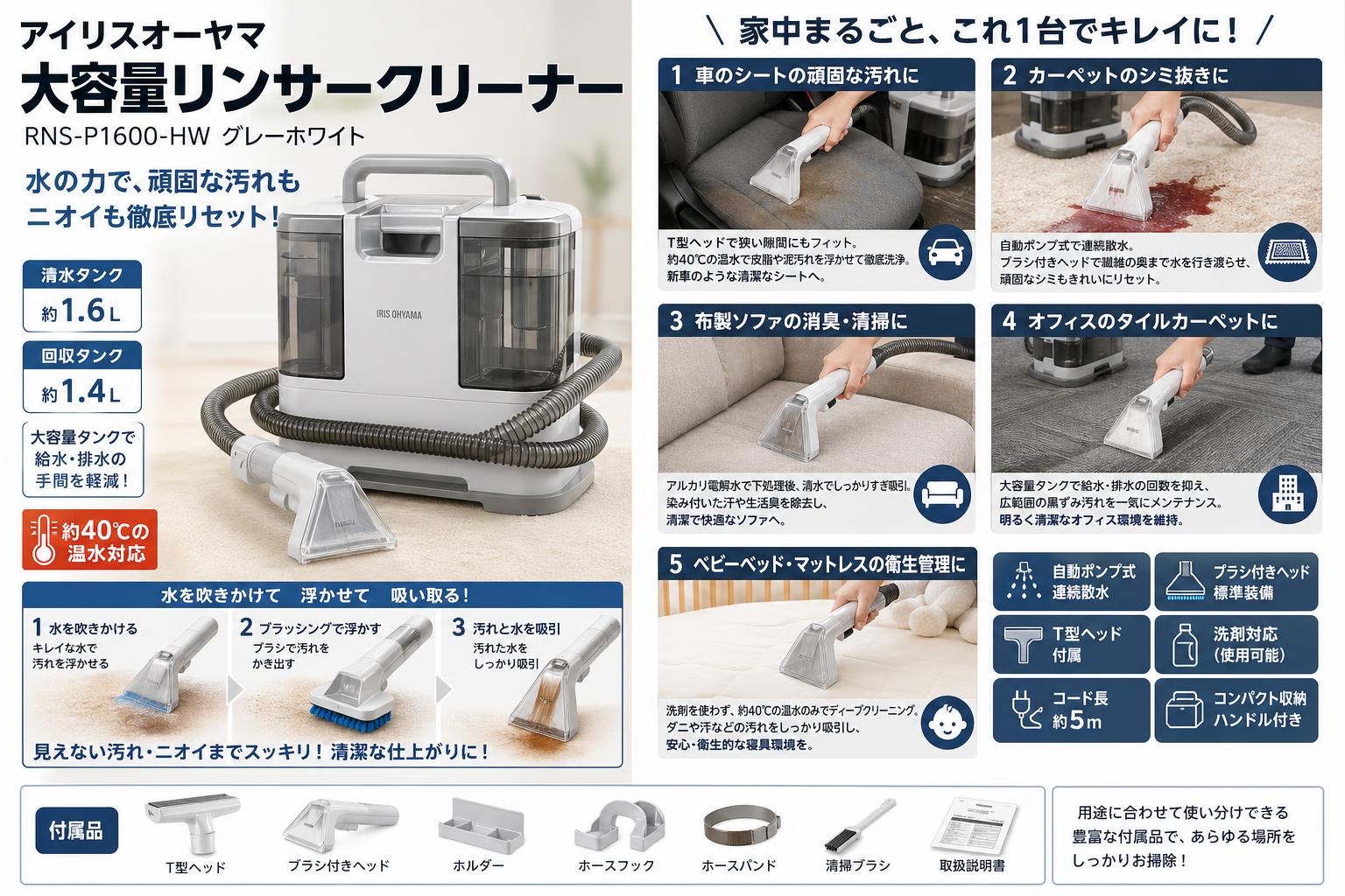 アイリスオーヤマ 大容量リンサークリーナー RNS-P1600-HW グレーホワイト 用途