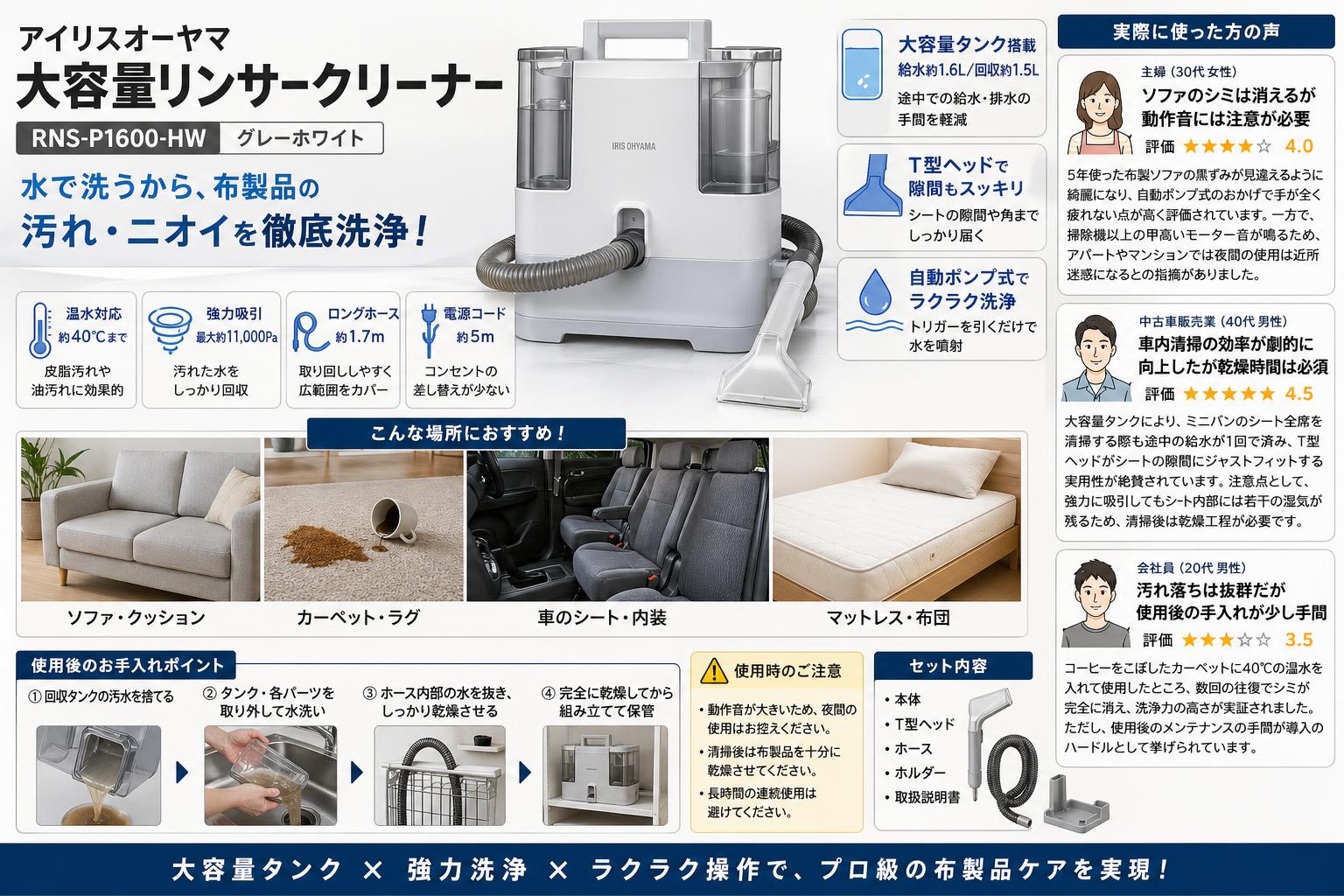 アイリスオーヤマ 大容量リンサークリーナー RNS-P1600-HW グレーホワイト インターネット上のお客様の声（評判）