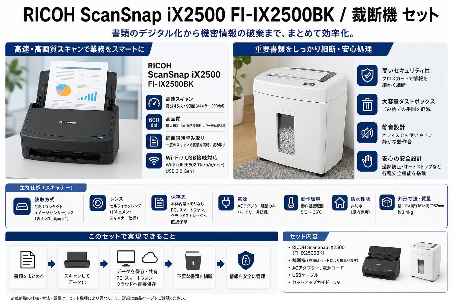 RICOH ScanSnap iX2500 FI-IX2500BK / 裁断機 セット スペック