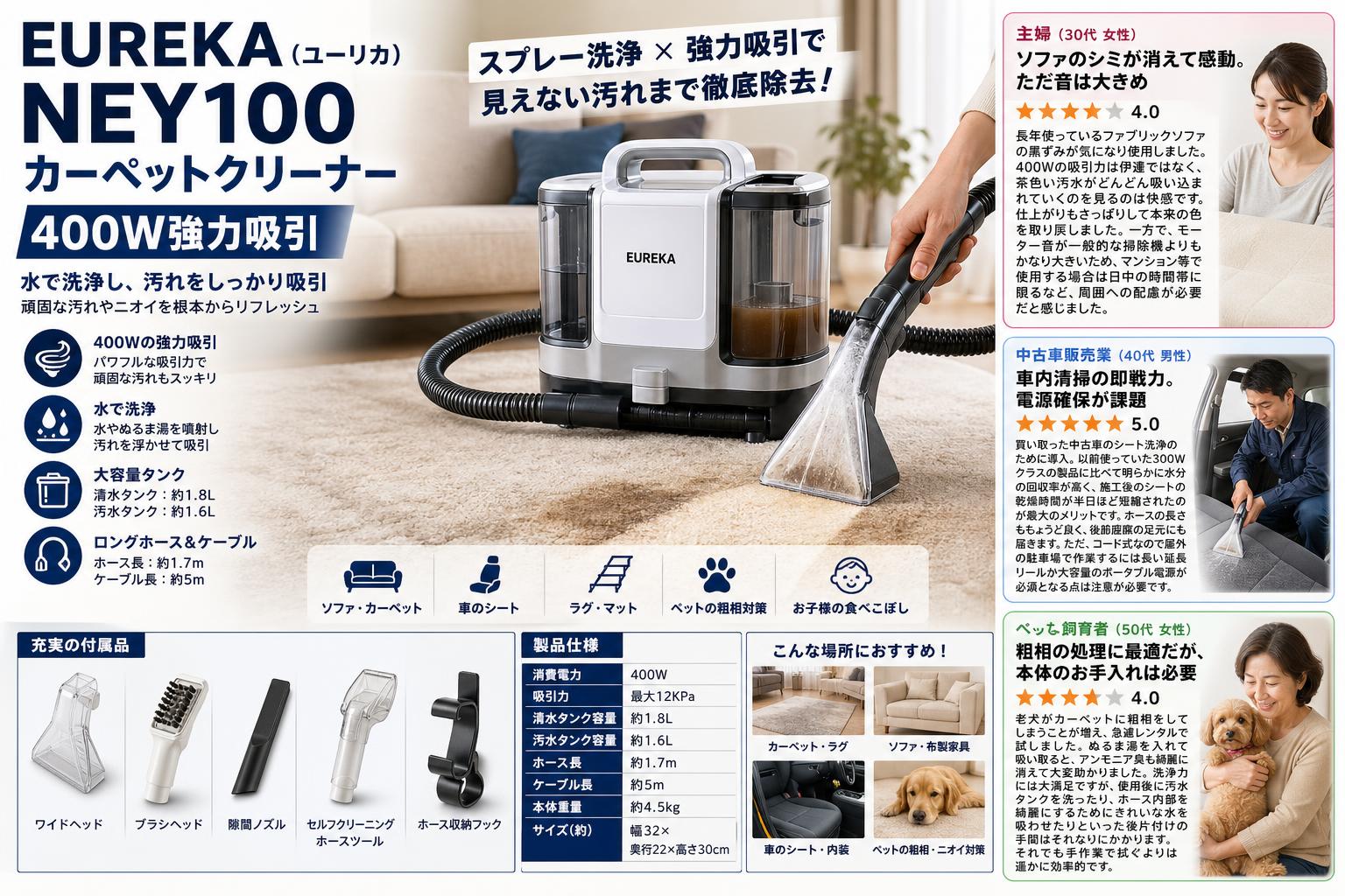 EUREKA（ユーリカ） NEY100 カーペットクリーナー 400W強力吸引 インターネット上のお客様の声（評判）