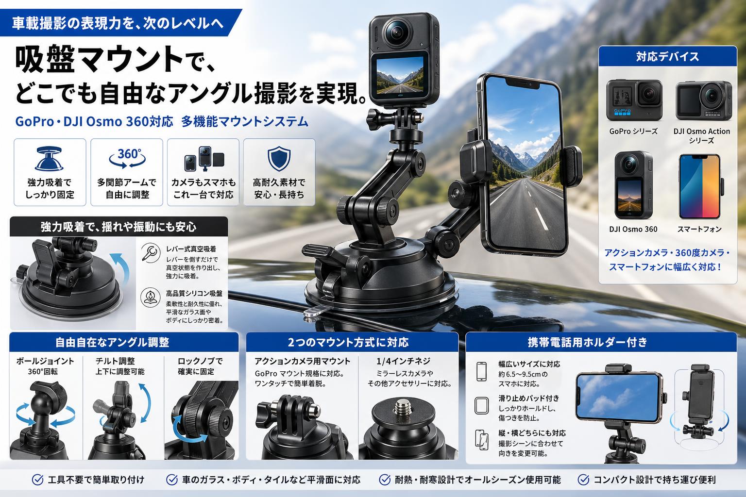 TELESIN GoPro/DJI Osmo 360車載カメラ用 吸盤マウント 携帯電話用電話ホルダー付き 概要