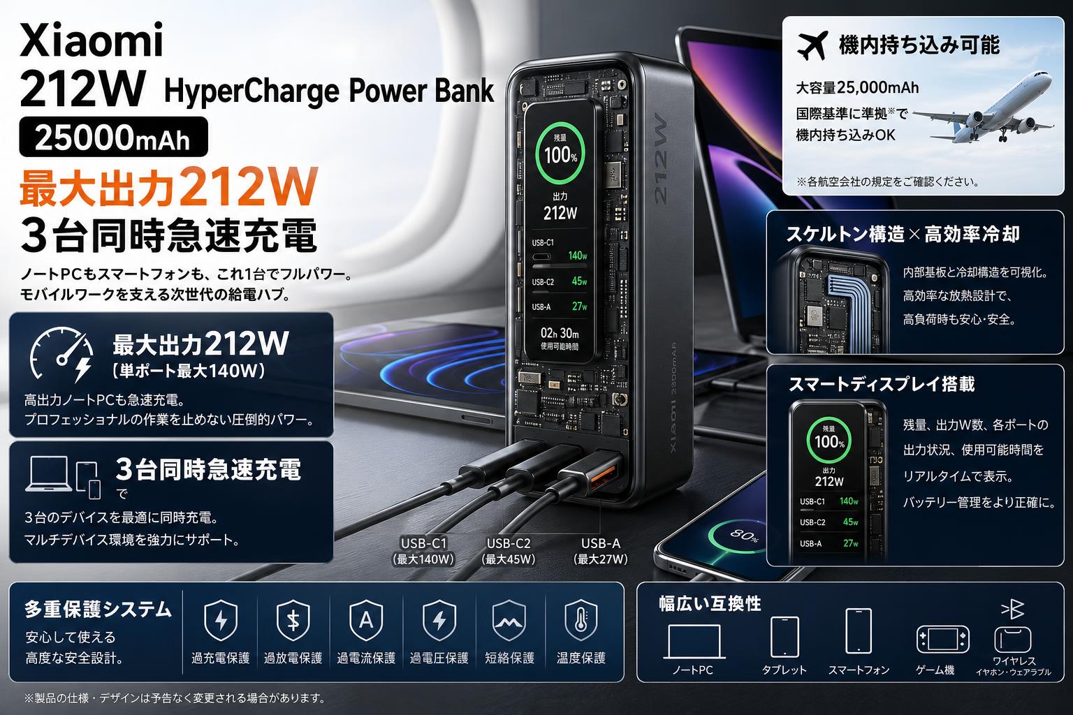 Xiaomi 212W HyperCharge Power Bank 25000mAh【最大出力212W 3台同時急速充電】 概要