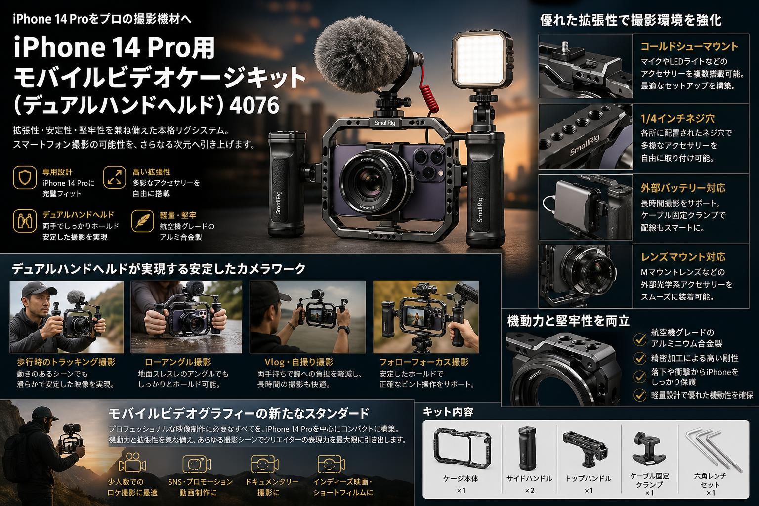 SmallRig iPhone 14 Pro用モバイルビデオケージキット(デュアルハンドヘルド) 4076 概要