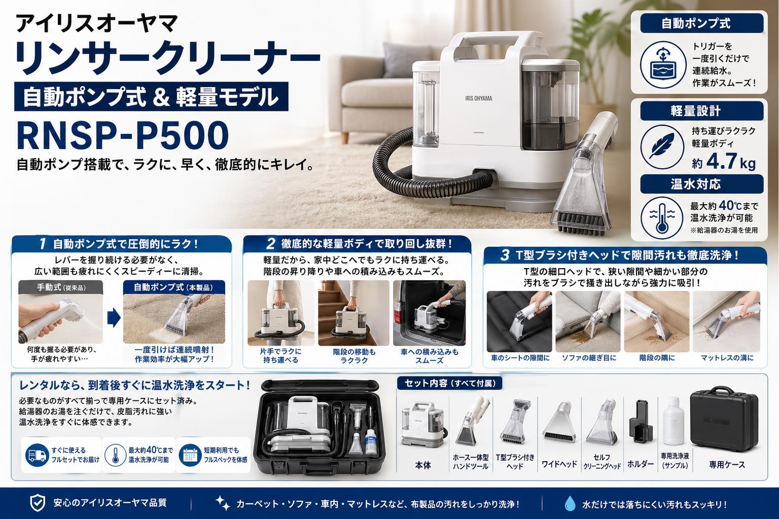 アイリスオーヤマ リンサークリーナー 自動ポンプ式 &軽量モデル RNSP-P500 セールスポイント