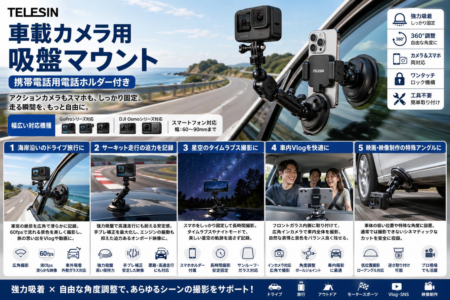 TELESIN GoPro/DJI Osmo 360車載カメラ用 吸盤マウント 携帯電話用電話ホルダー付き 用途