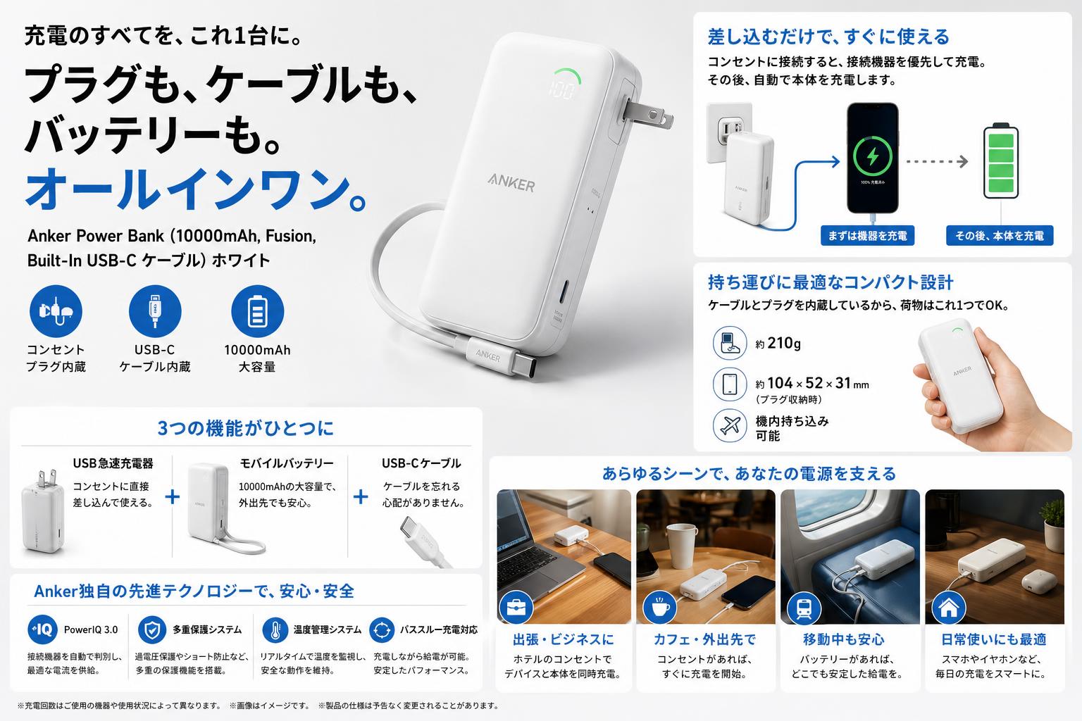 Anker Power Bank (10000mAh, Fusion, Built-In USB-C ケーブル) ホワイト 概要