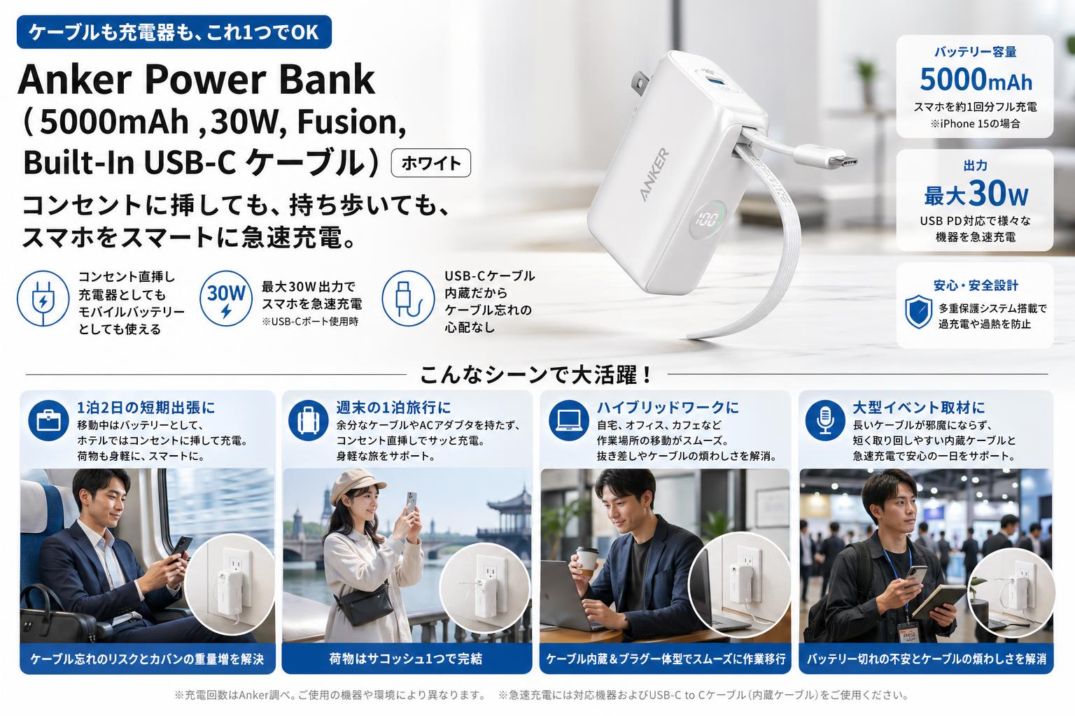 Anker Power Bank (5000mAh ,30W, Fusion, Built-In USB-C ケーブル)　ホワイト おもな対象のお客様