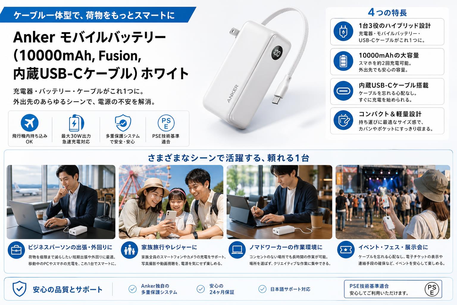 Anker Power Bank (10000mAh, Fusion, Built-In USB-C ケーブル) ホワイト おもな対象のお客様