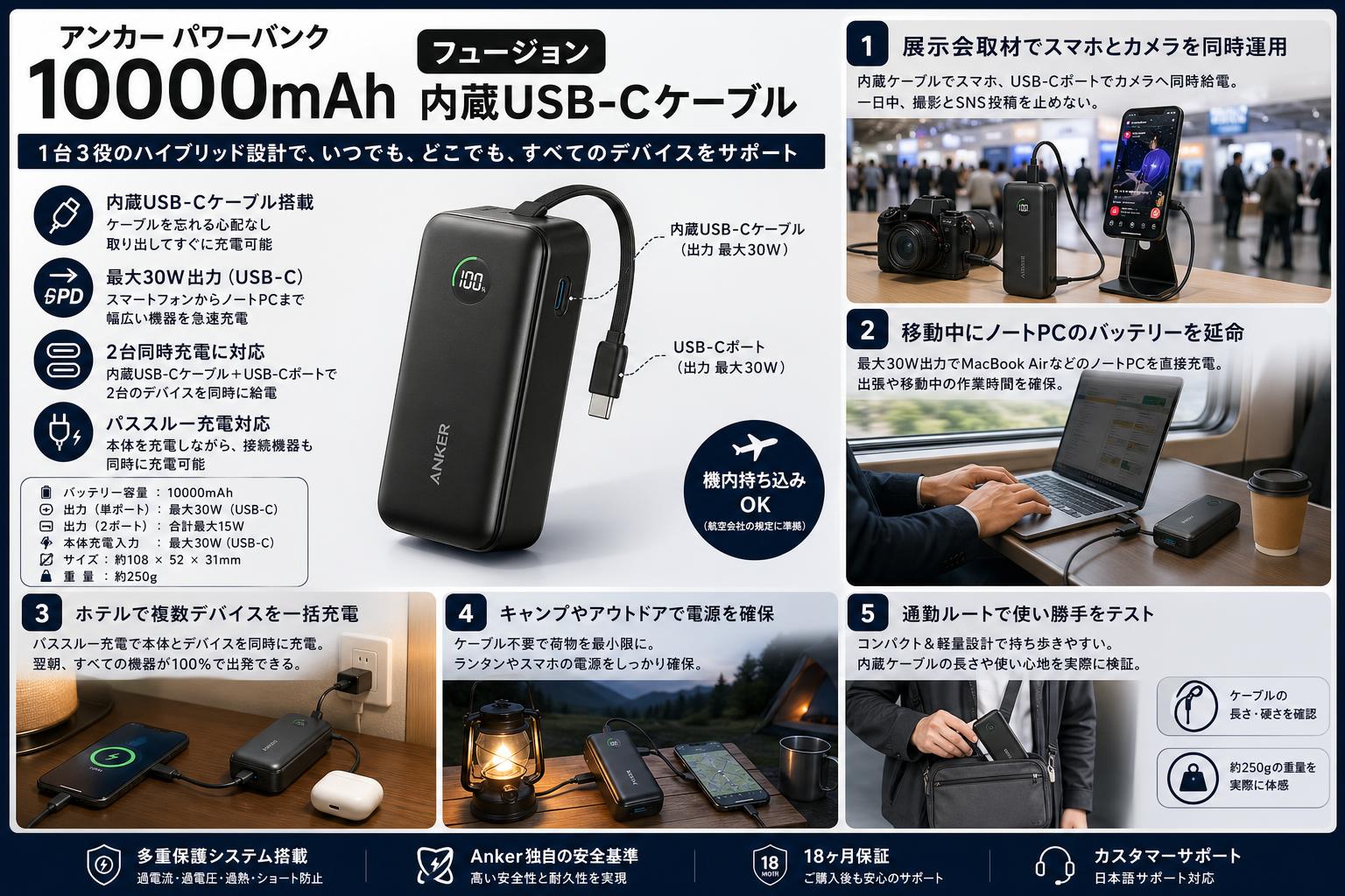 Anker Power Bank (10000mAh, Fusion, Built-In USB-C ケーブル) ブラック 用途