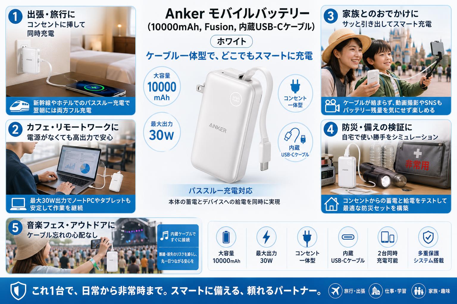Anker Power Bank (10000mAh, Fusion, Built-In USB-C ケーブル) ホワイト 用途