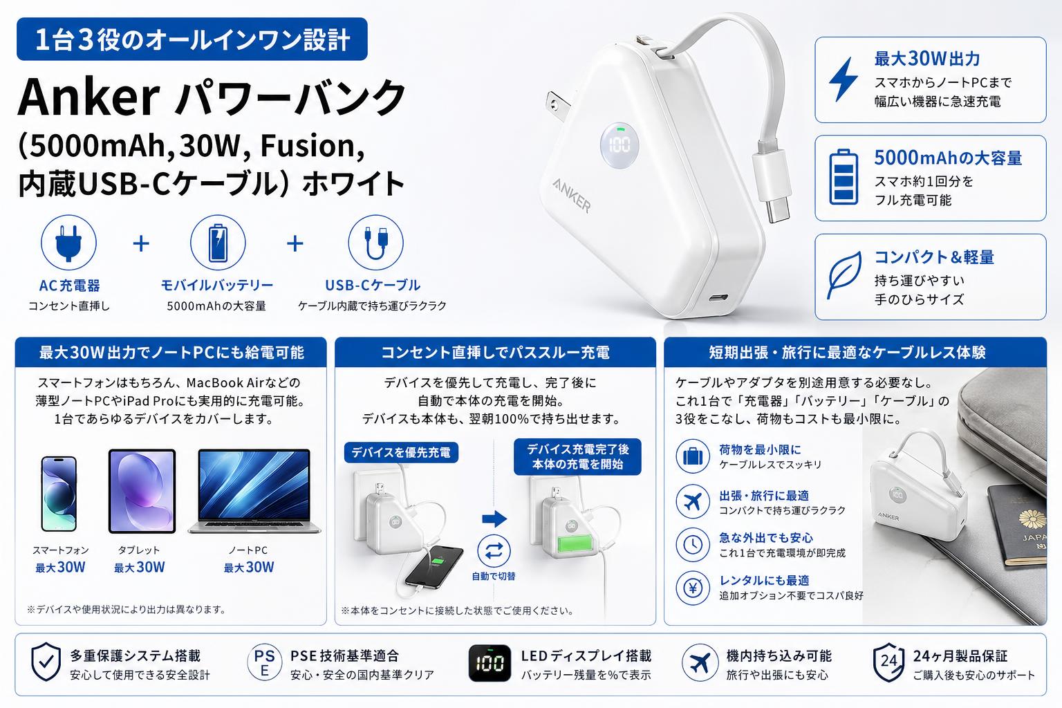 Anker Power Bank (5000mAh ,30W, Fusion, Built-In USB-C ケーブル)　ホワイト セールスポイント
