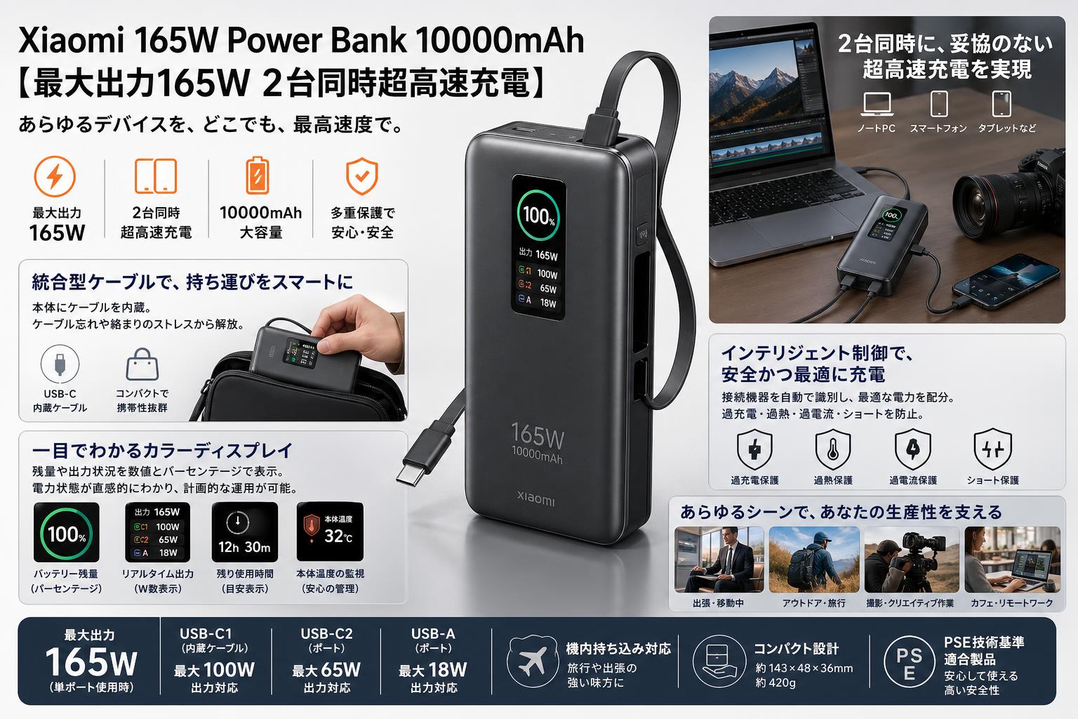 Xiaomi 165W Power Bank 10000mAh 【最大出力165W 2台同時超高速充電】 概要
