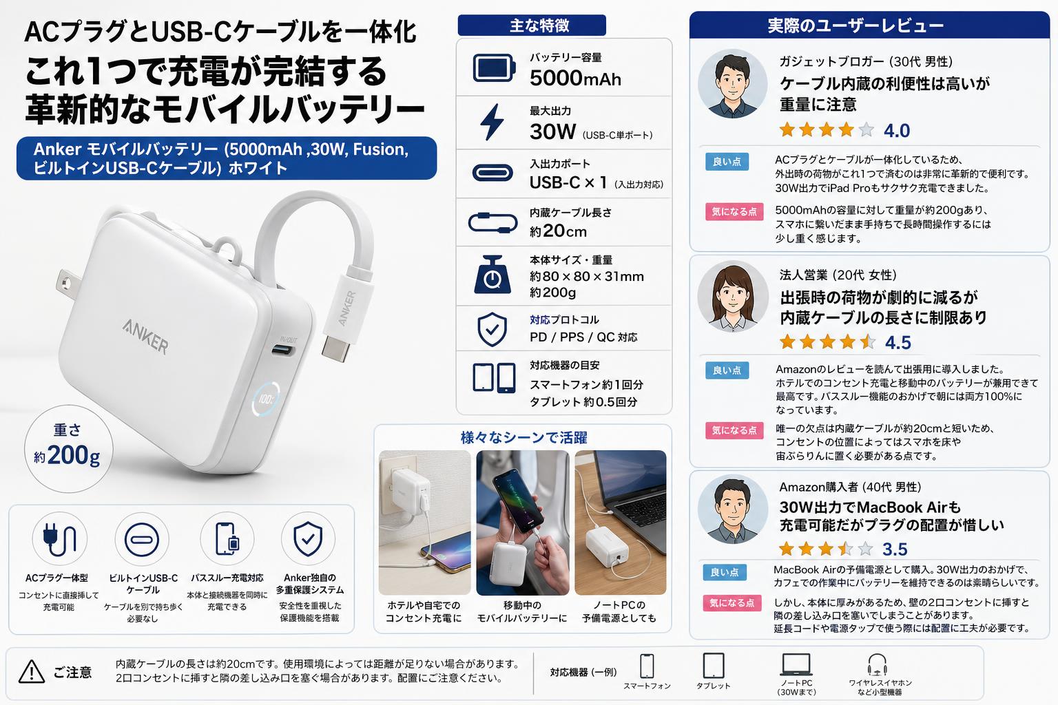 Anker Power Bank (5000mAh ,30W, Fusion, Built-In USB-C ケーブル)　ホワイト インターネット上のお客様の声（評判）