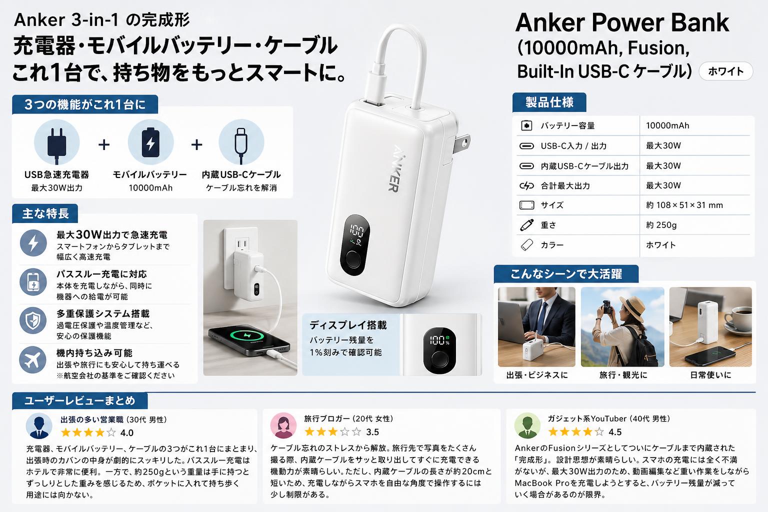 Anker Power Bank (10000mAh, Fusion, Built-In USB-C ケーブル) ホワイト インターネット上のお客様の声（評判）