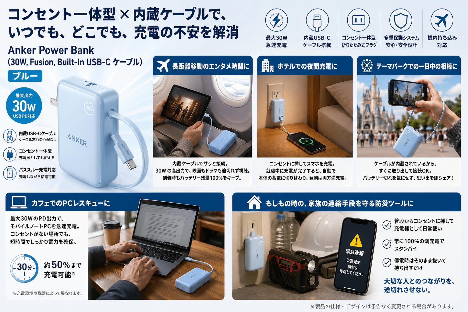 Anker Power Bank (30W, Fusion, Built-In USB-C ケーブル)　ブルー 用途
