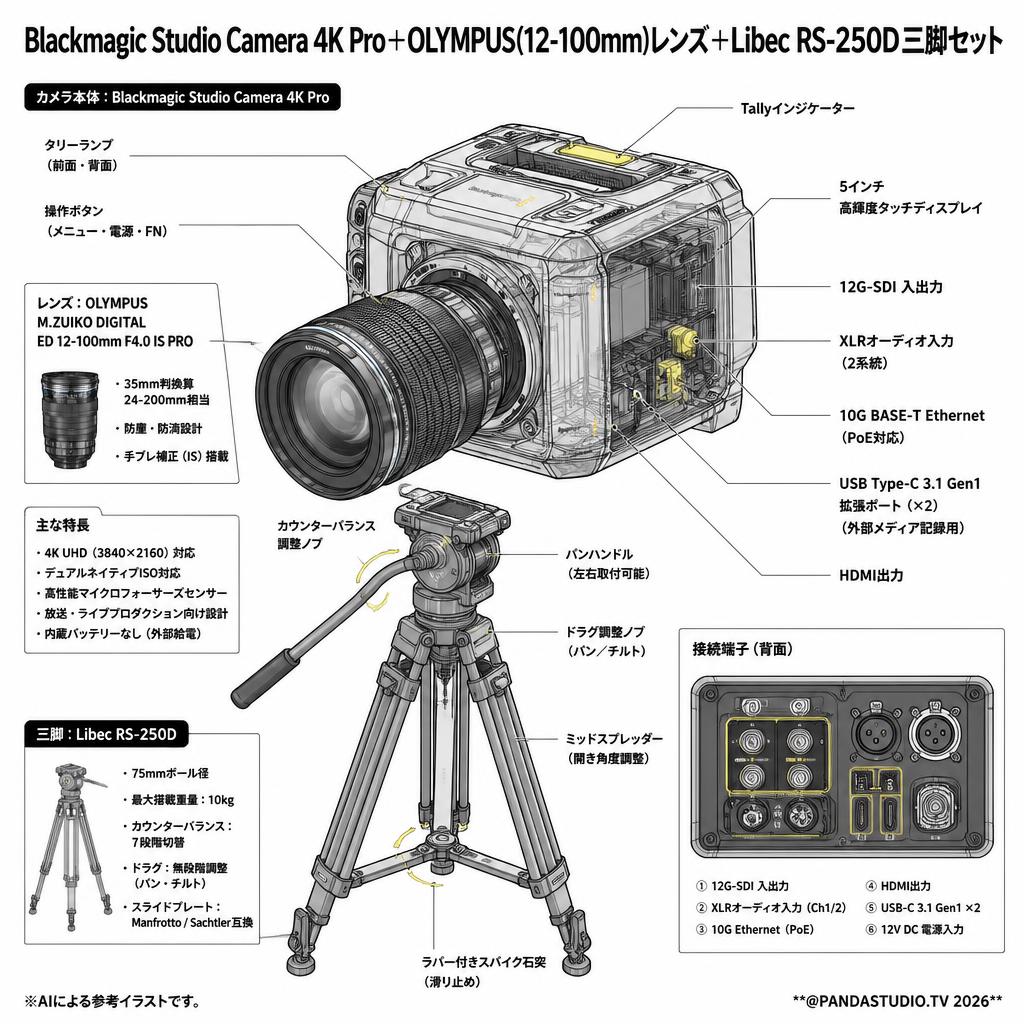 Blackmagic Studio Camera 4K Pro＋OLYMPUS(12-100mm)レンズ＋Libec  RS-250D三脚セット スペック