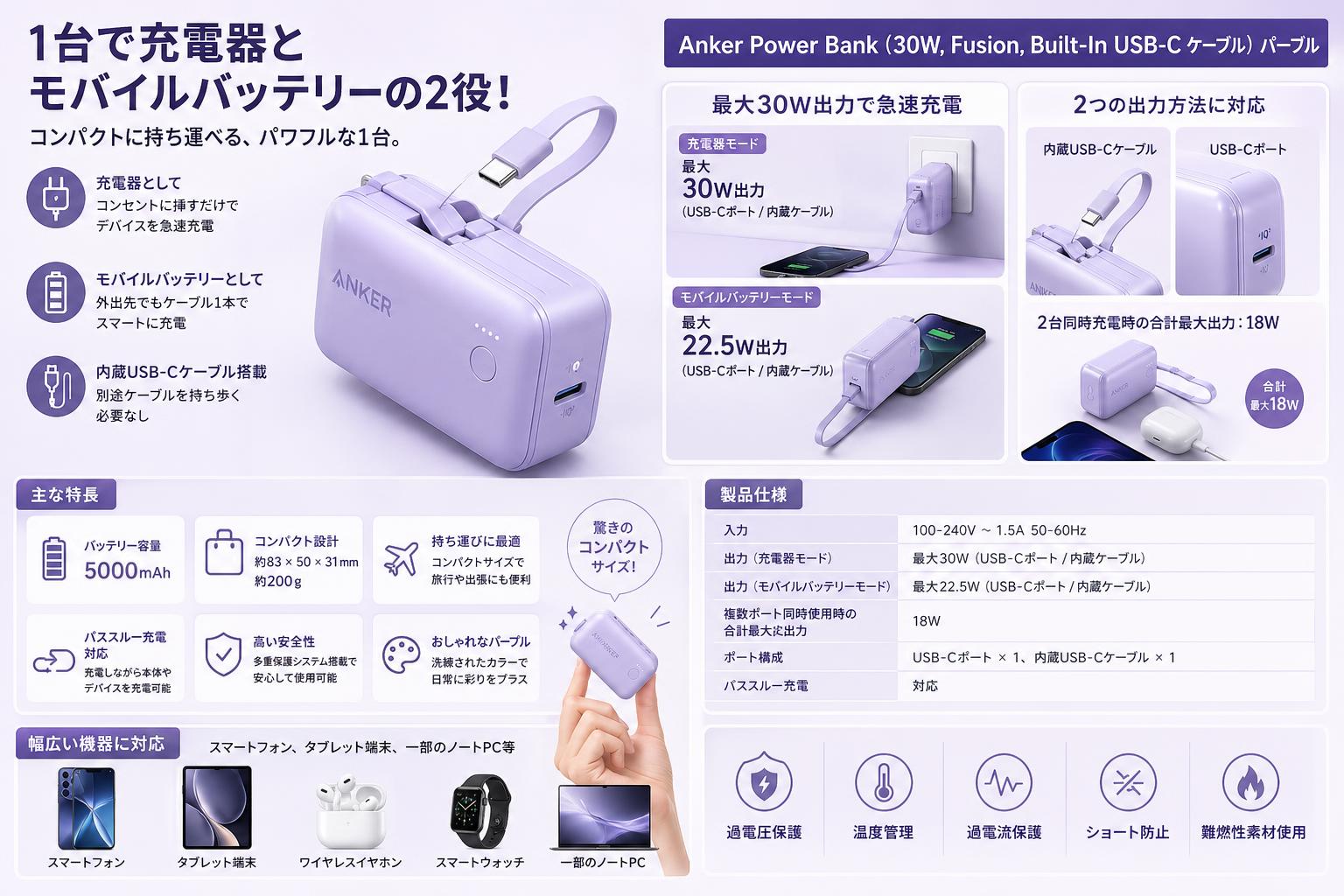Anker Power Bank (30W, Fusion, Built-In USB-C ケーブル)　パープル スペック
