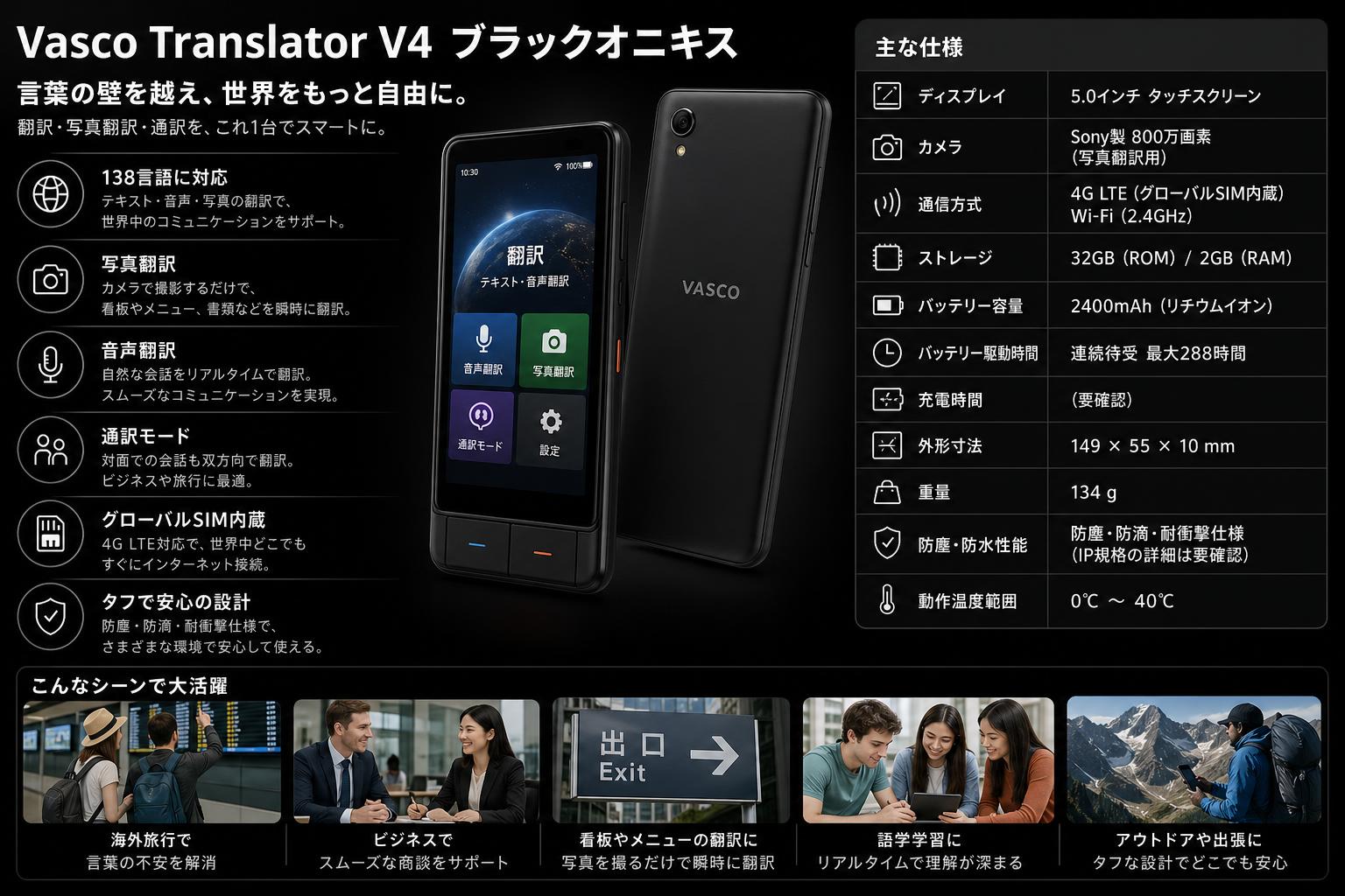 Vasco Translator V4 ブラックオニキス スペック