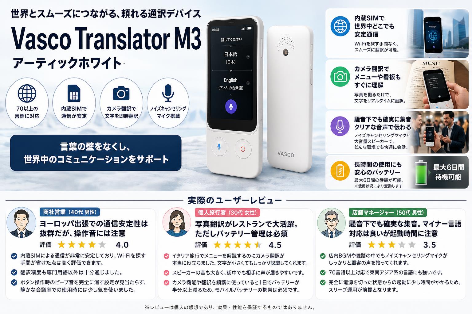 Vasco Translator M3 アーティックホワイト インターネット上のお客様の声（評判）