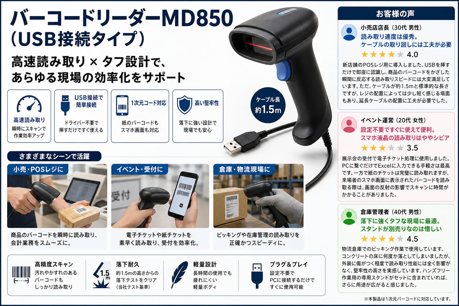 バーコードリーダーMD850（USB接続タイプ） インターネット上のお客様の声（評判）