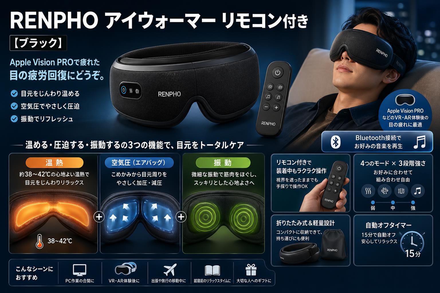 RENPHO アイウォーマー リモコン付き 【ブラック】Apple Vision PROで疲れた目の疲労回復にどうぞ。 概要