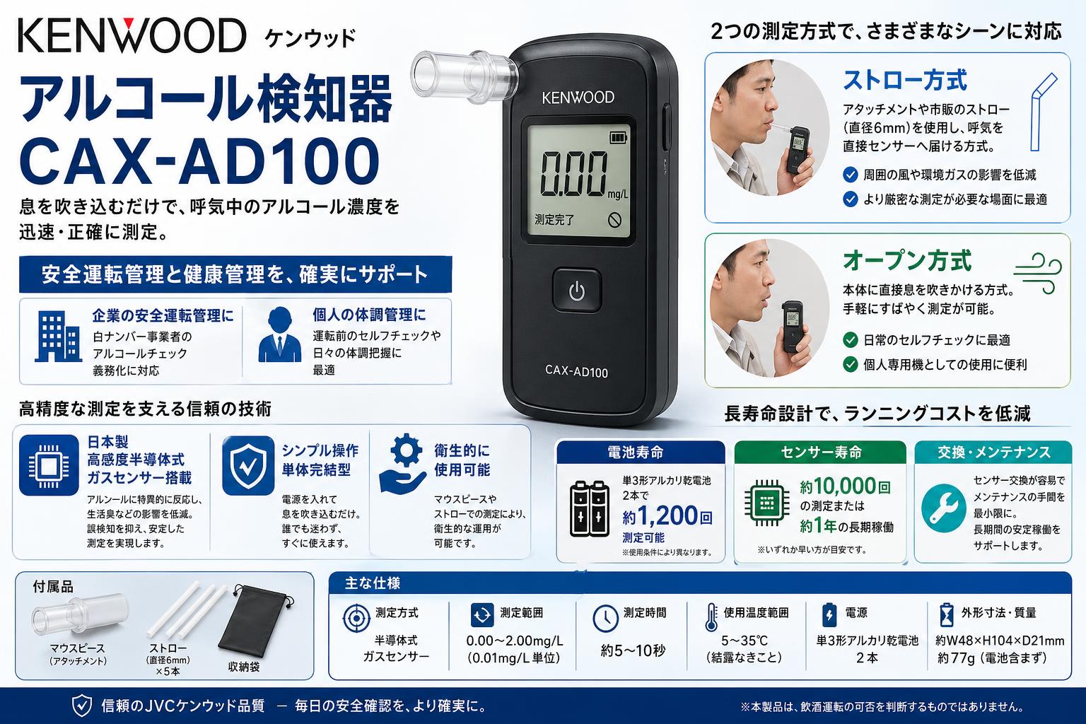 KENWOOD(ケンウッド )アルコール検知器 CAX-AD100 概要