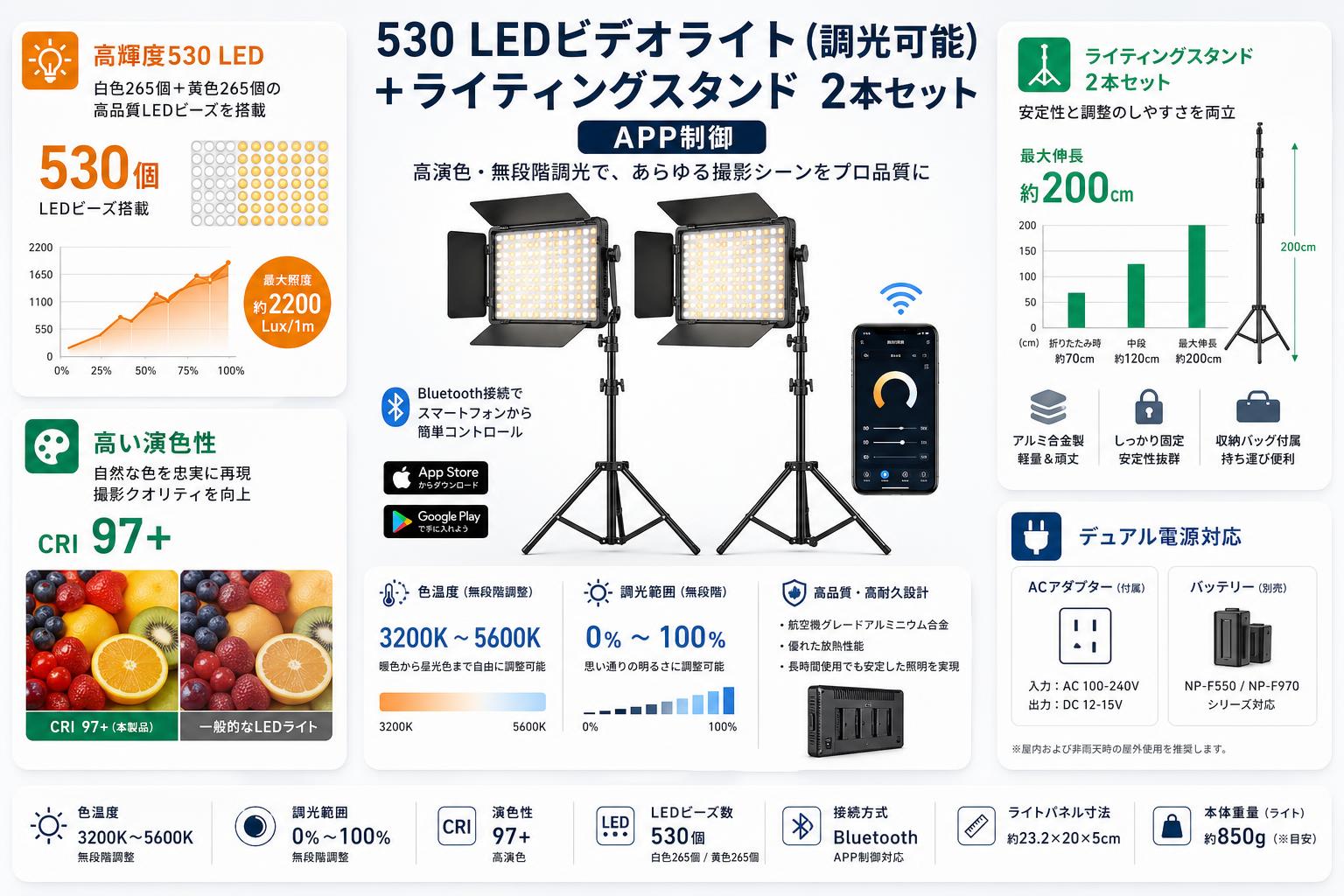 530 LEDビデオライト（調光可能）＋ライティングスタンド　2本セット APP制御 スペック