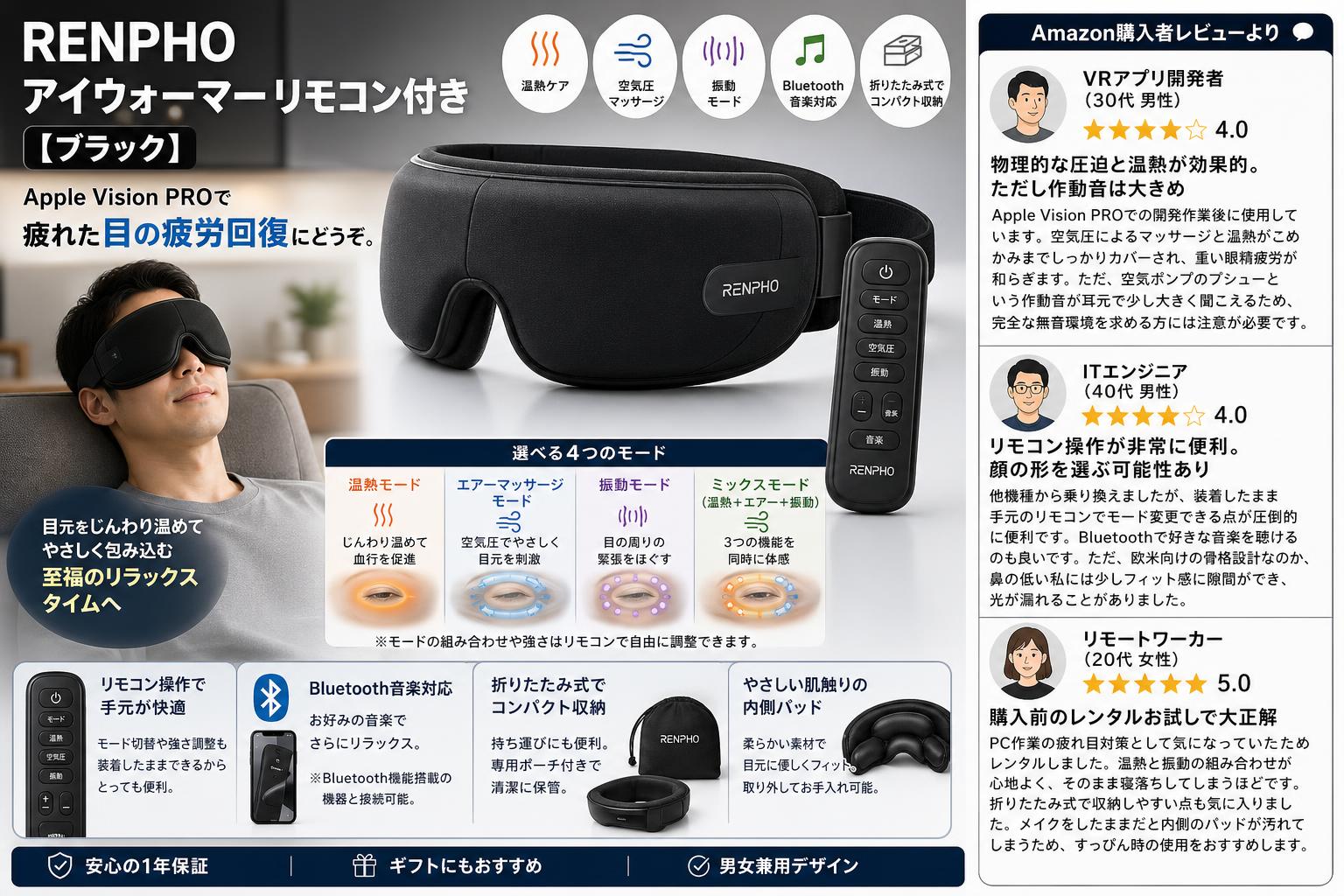 RENPHO アイウォーマー リモコン付き 【ブラック】Apple Vision PROで疲れた目の疲労回復にどうぞ。 インターネット上のお客様の声（評判）
