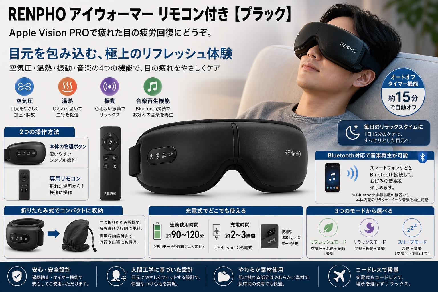 RENPHO アイウォーマー リモコン付き 【ブラック】Apple Vision PROで疲れた目の疲労回復にどうぞ。 スペック