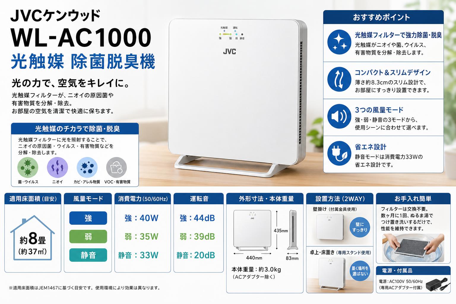 JVCケンウッド WL-AC1000 光触媒 除菌脱臭機 スペック