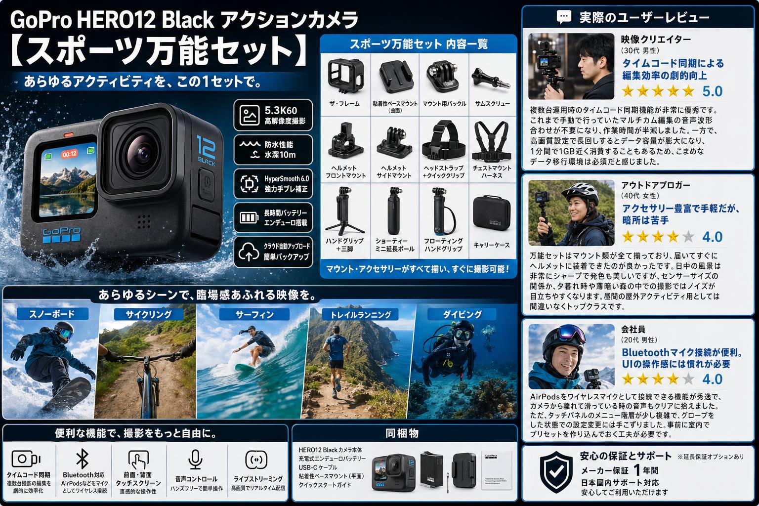 GoPro HERO12 Black アクションカメラ 【スポーツ万能セット】 インターネット上のお客様の声（評判）