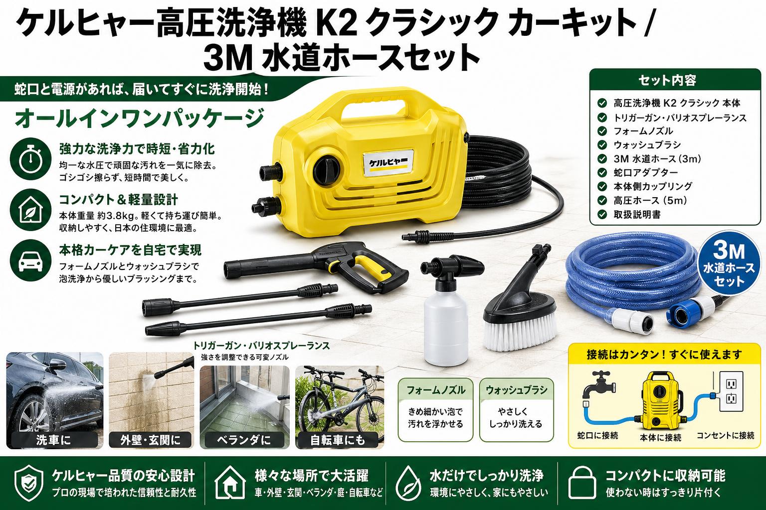 ケルヒャー高圧洗浄機 K2 クラシック カーキット /   3M 水道ホースセット 概要