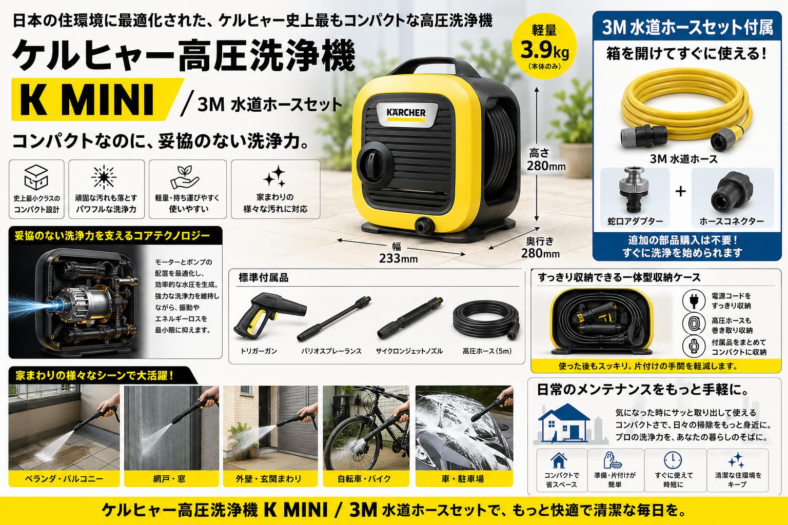 ケルヒャー高圧洗浄機 K MINI / 3M 水道ホースセット 概要