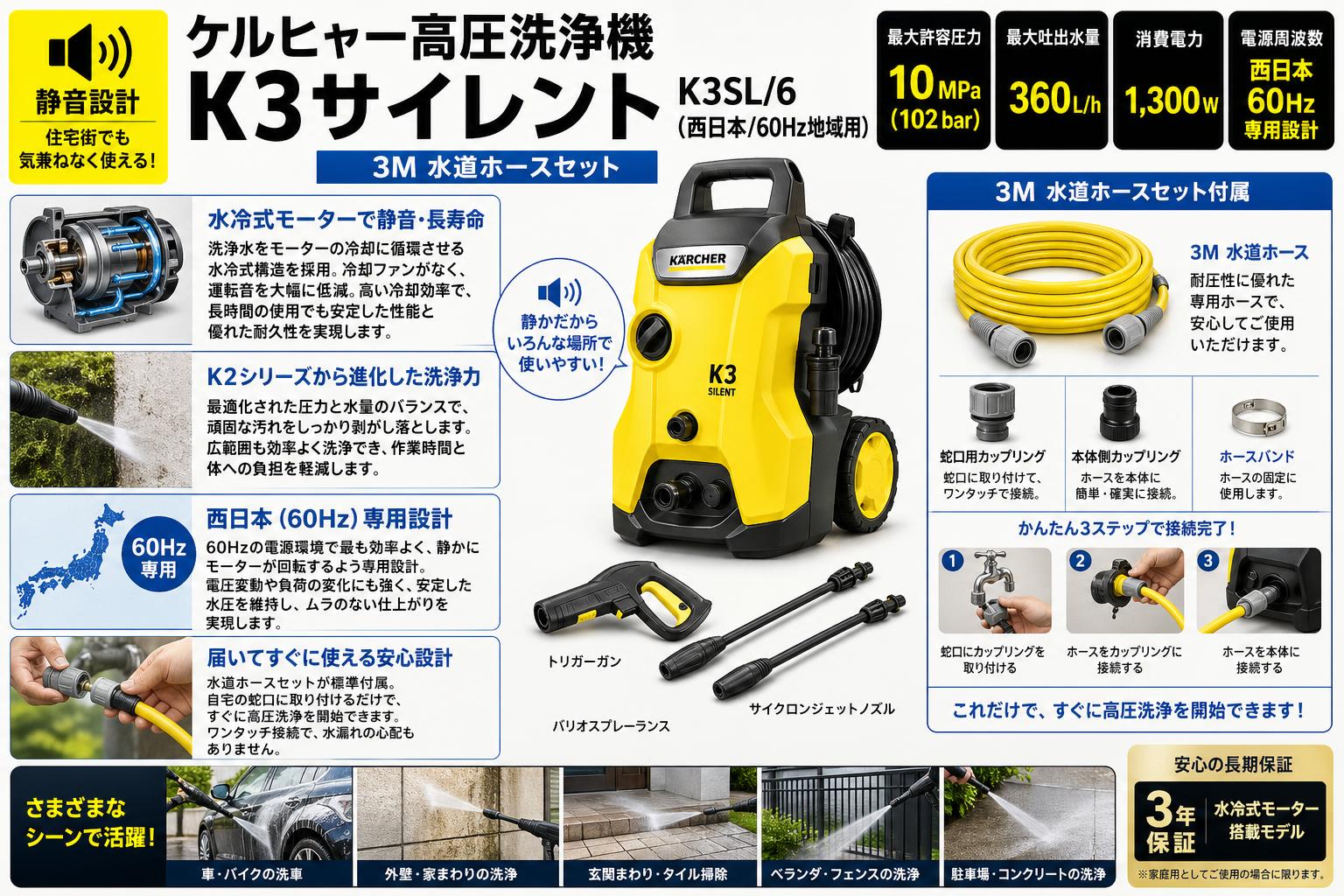 ケルヒャー高圧洗浄機  K3サイレント‎K3SL/6（西日本/60Hz地域用）/ 3M 水道ホースセット 概要