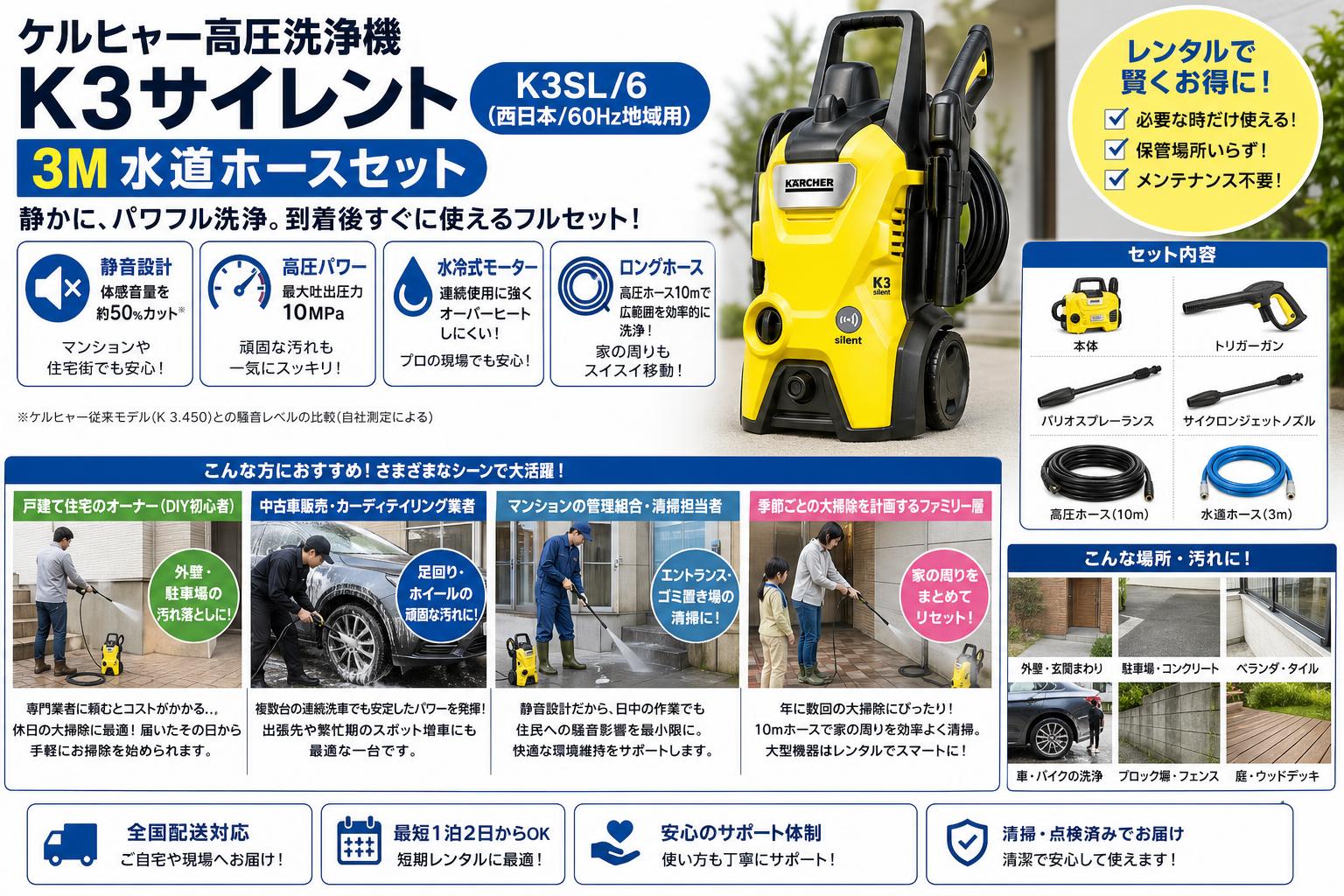 ケルヒャー高圧洗浄機  K3サイレント‎K3SL/6（西日本/60Hz地域用）/ 3M 水道ホースセット おもな対象のお客様