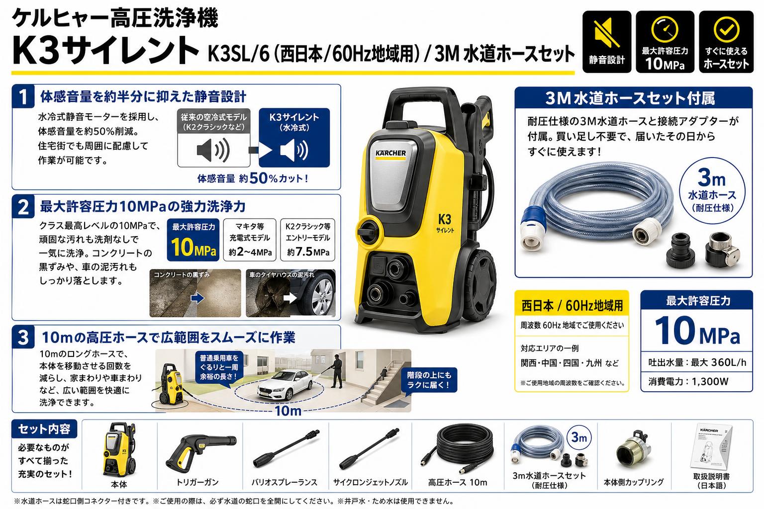 ケルヒャー高圧洗浄機  K3サイレント‎K3SL/6（西日本/60Hz地域用）/ 3M 水道ホースセット セールスポイント
