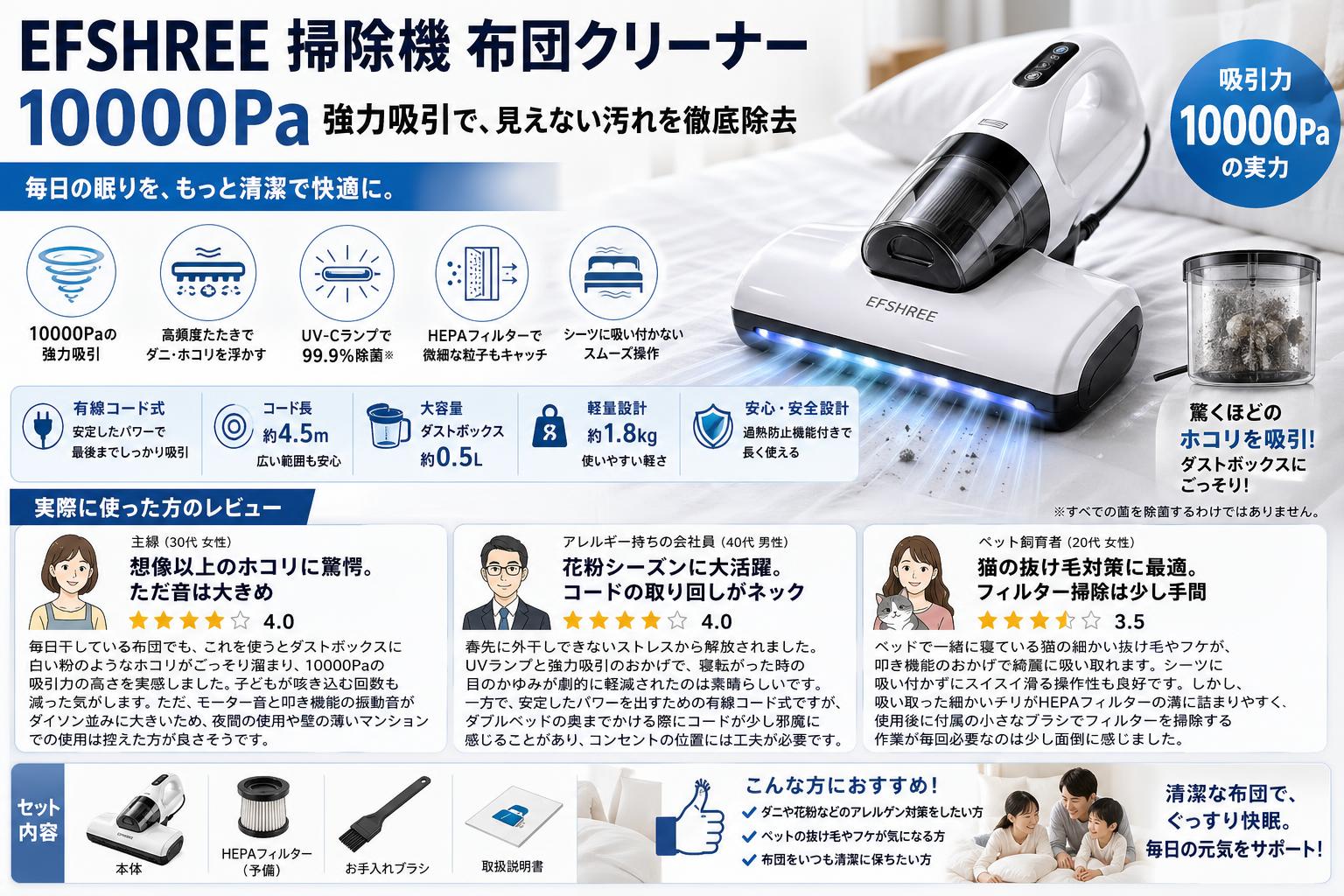 EFSHREE 掃除機 布団クリーナー10000Pa インターネット上のお客様の声（評判）