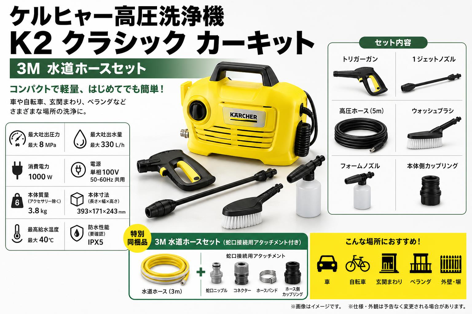 ケルヒャー高圧洗浄機 K2 クラシック カーキット /   3M 水道ホースセット スペック